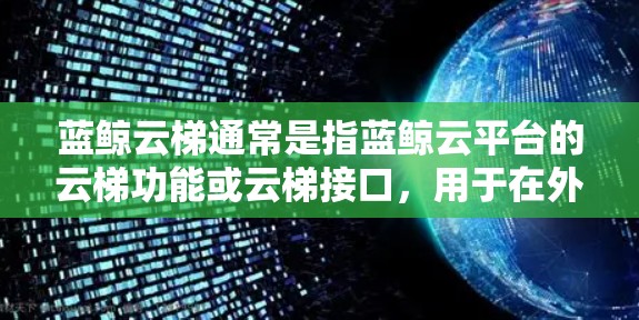 蓝鲸云梯通常是指蓝鲸云平台的云梯功能或云梯接口,用于在外部网络上与云服务(如云梯服务)进行数据传输或管理。外网连接可能指的是将云梯功能与外部网络(如防火墙、VPN等)进行连接 蓝鲸云梯通常是指蓝鲸云平台的云梯功能或云梯接口,用于在外部网络上与云服务(如云梯服务)进行数据传输或管理。外网连接可能指的是将云梯功能与外部网络(如防火墙、VPN等)进行连接